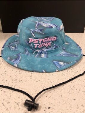 PSYCHO TUNA Boonie Bucket Hat Humpback Whales Ocean Print Blue Sun Fishing S/M